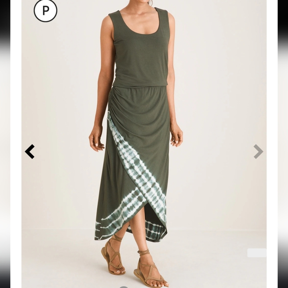 NWT CHICO’S Olive Green Maxi Wrap Dress Tie Dye Size 12/14 Women's